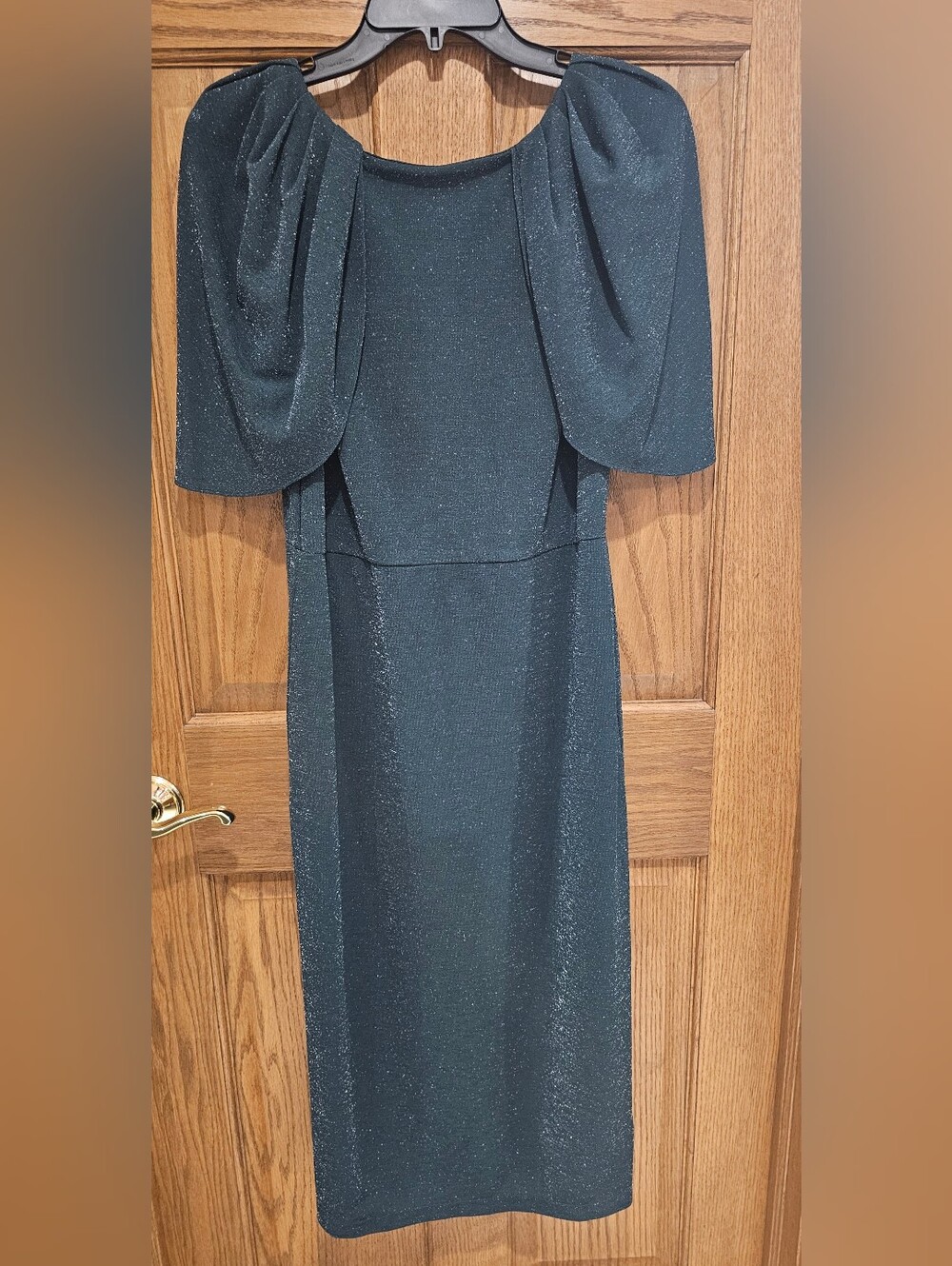 Maison Tara HUNTER GREEN Shimmer Midi Dress with Puff Shoulders
